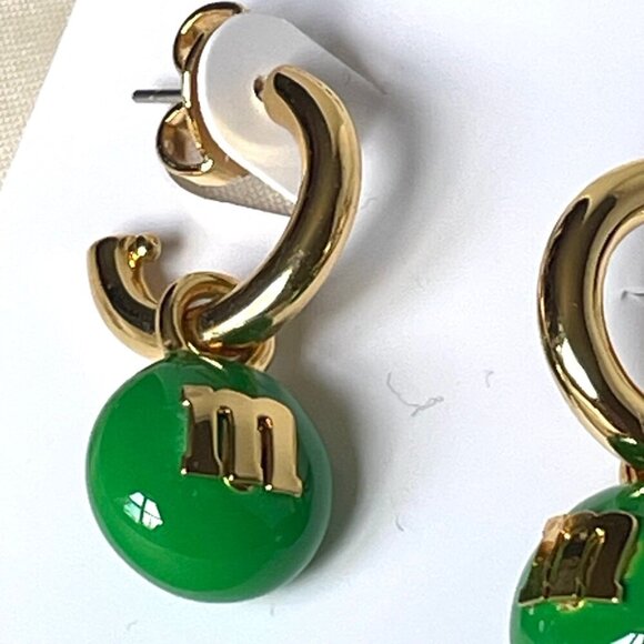 Kate Spade M&M's Green Charm Huggies Cuff Earrings Gold Tone Candy Post Back - Picture 5 of 6